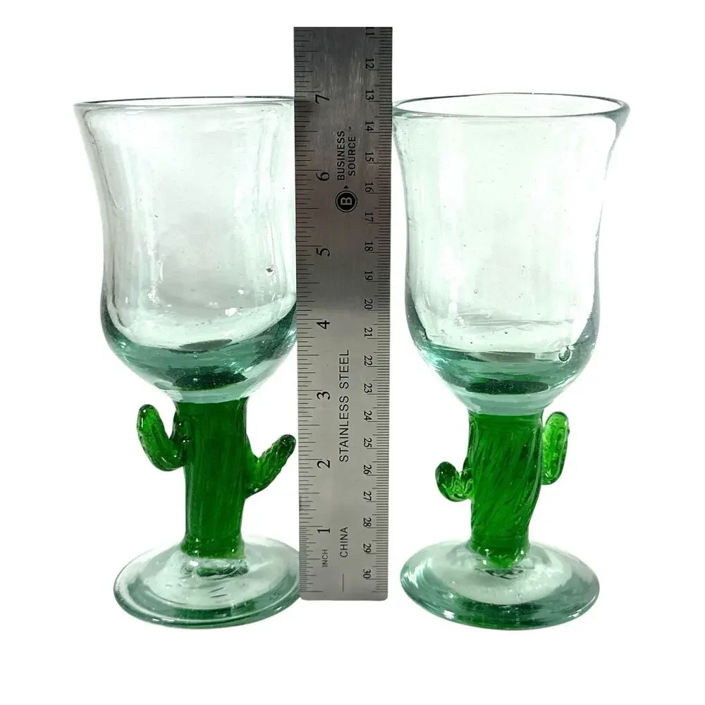 Vintage Hand Blown Glass Cactus Goblets Set of 3 Green Saguaro Mexican Style